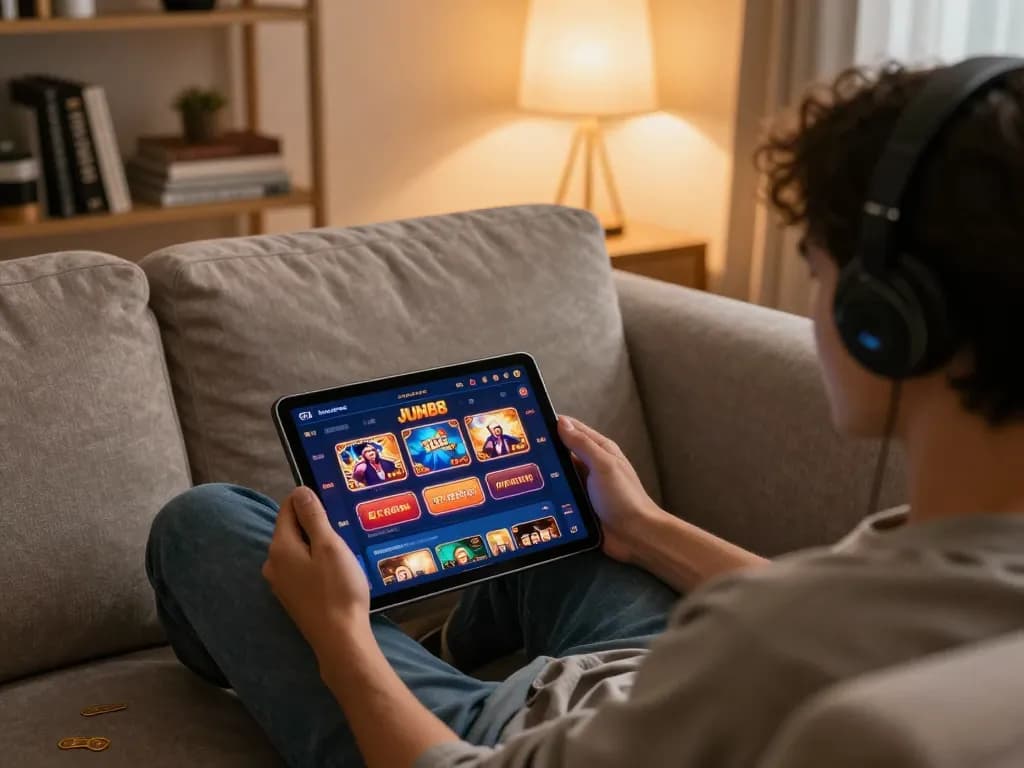 Engaging scene of a player using the JUN88 casino app on a tablet in a cozy living room.