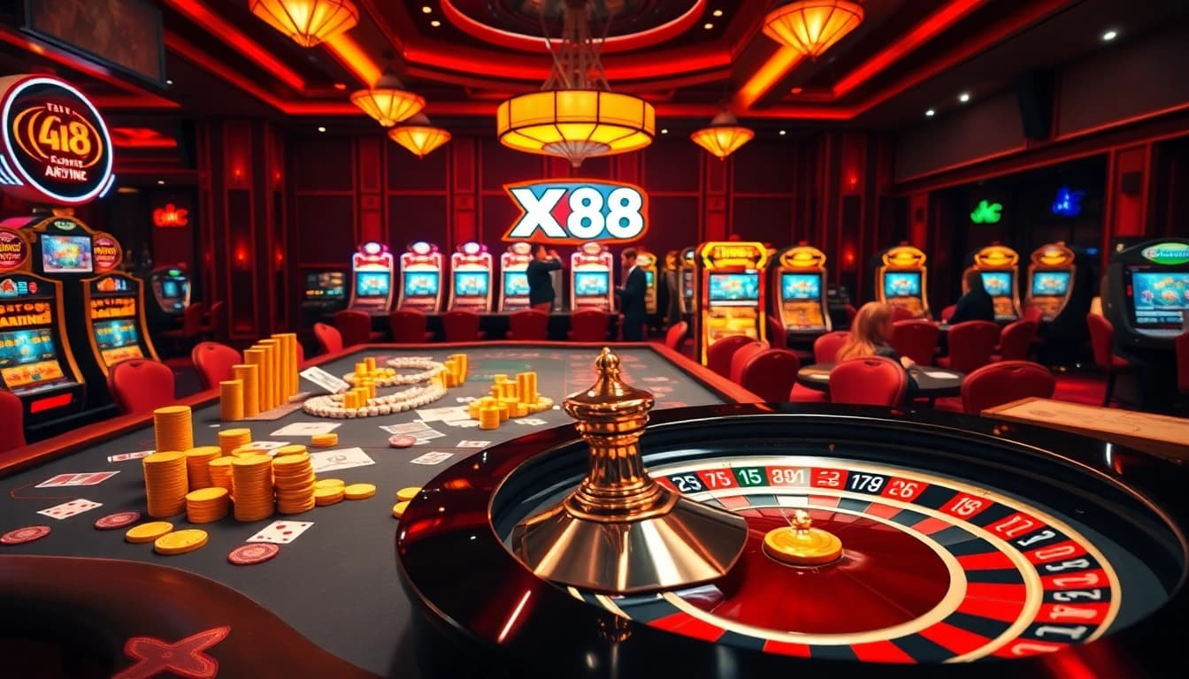 Experience the thrilling gaming atmosphere at XX 88 with vibrant casino tables and luxurious decor.