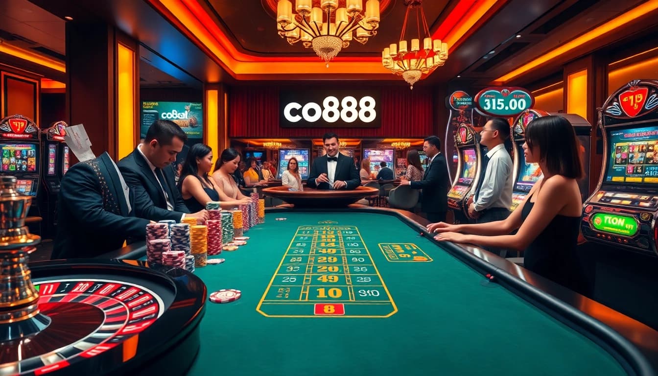 Exciting casino scene with professional dealers at https://co88.vin/ gaming table, vibrant poker chips and roulette wheel.