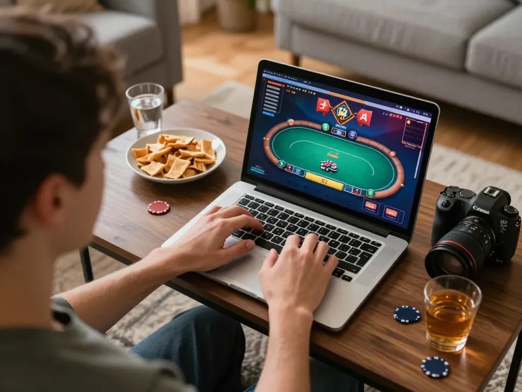 Alev Casino player engaging in an online poker game at home while analyzing strategies.