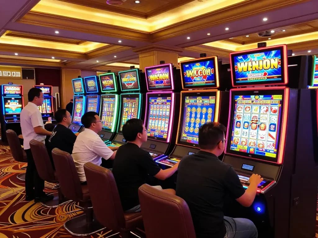 Players exploring slot gacor machines in a colorful casino environment, showcasing vibrant excitement and potential wins.