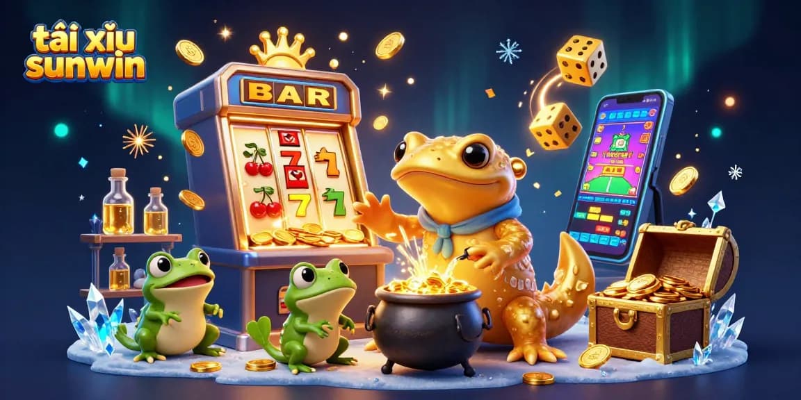 Experience the excitement of tài xỉu sunwin with this dynamic 3D casino illustration showcasing alchemy and slots.