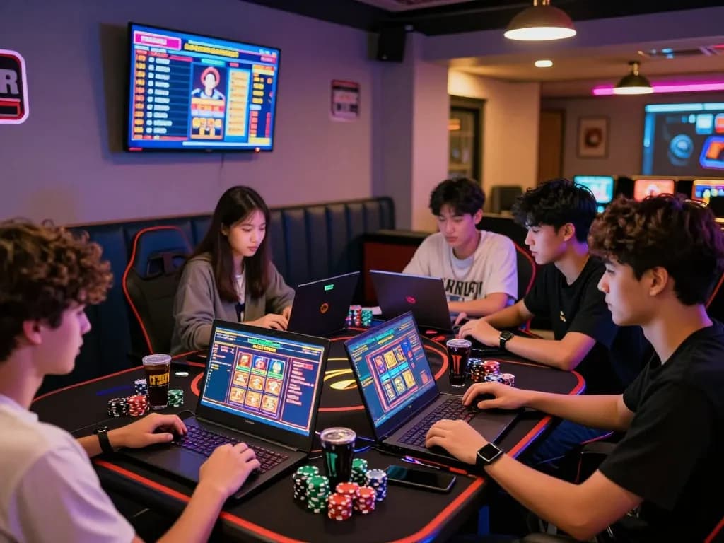 Group of gamers enjoying situs slot gacor in vibrant lounge, colorful lighting and interactive setup.