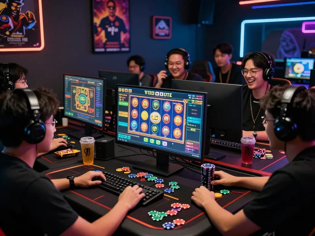 KDTOTO online gaming enthusiasts engaged in a thrilling Toto and Togel session with vibrant graphics and snacks.