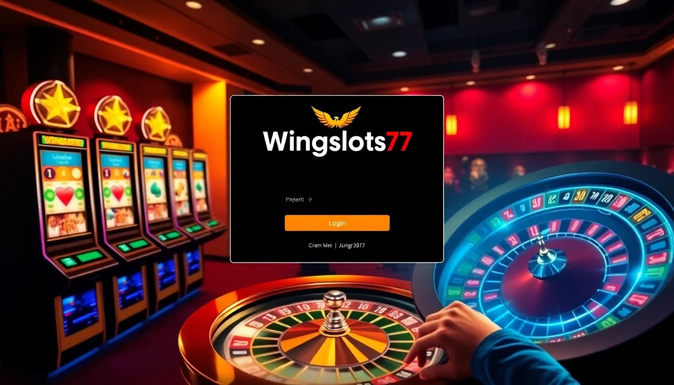 Engage with Wingslots77 Login featuring vibrant online casino elements like slot machines and a roulette wheel.
