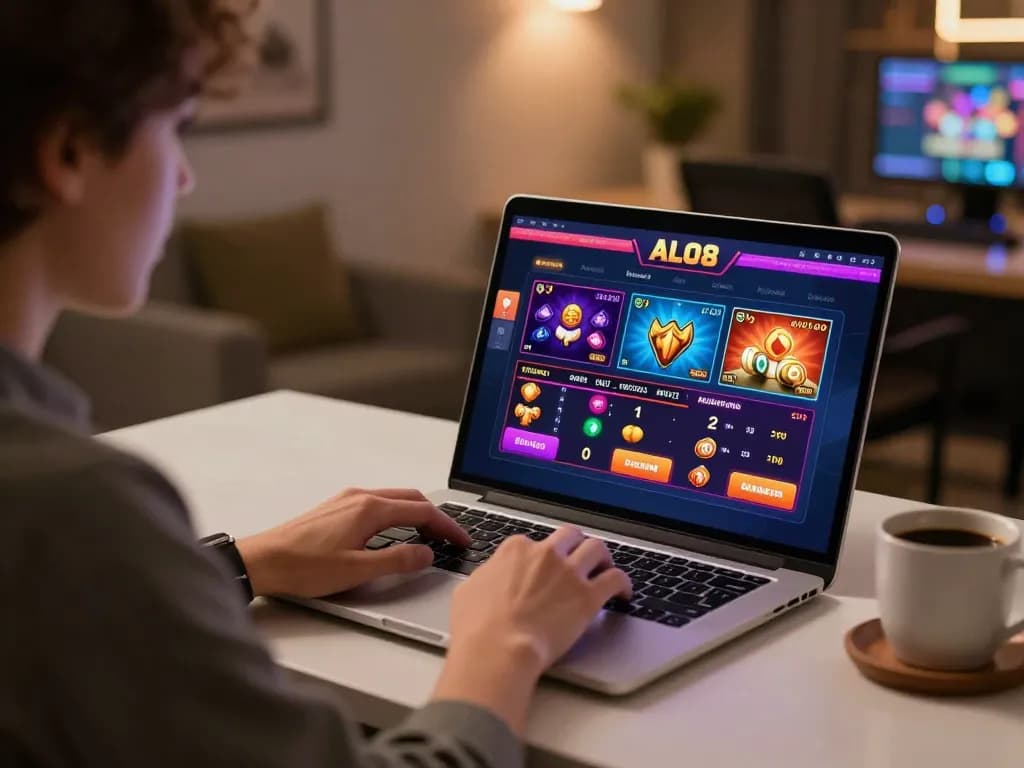 Person engaging with ALO8 online casino interface, showcasing vibrant game options and relaxed gaming atmosphere.