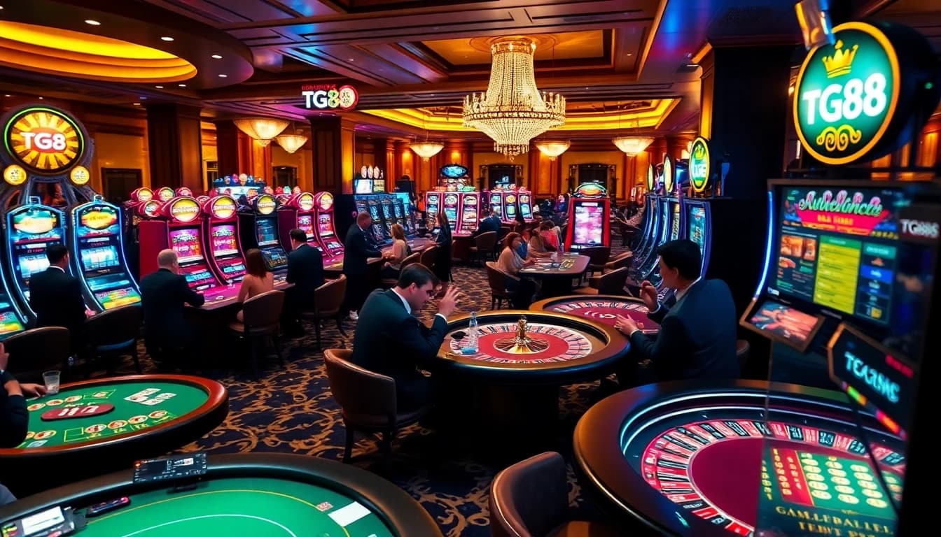 Players excitedly gambling at TG88 casino tables, showcasing vibrant chips and cards.
