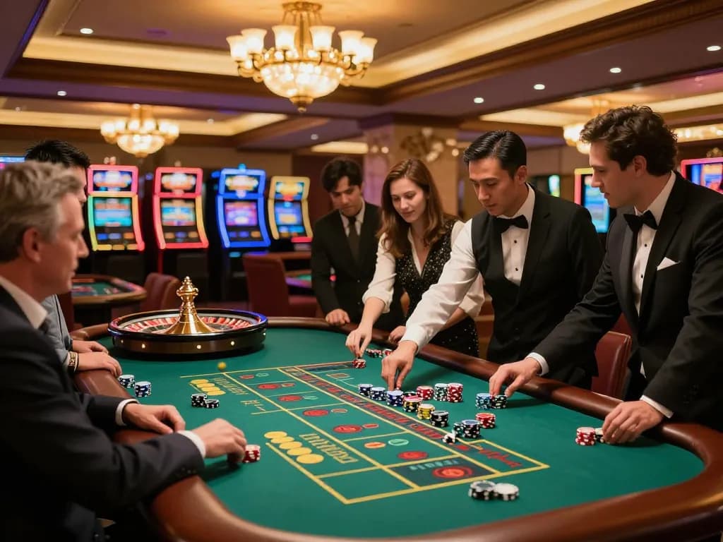 TT88 roulette players placing bets while the dealer spins the wheel in a luxury casino.