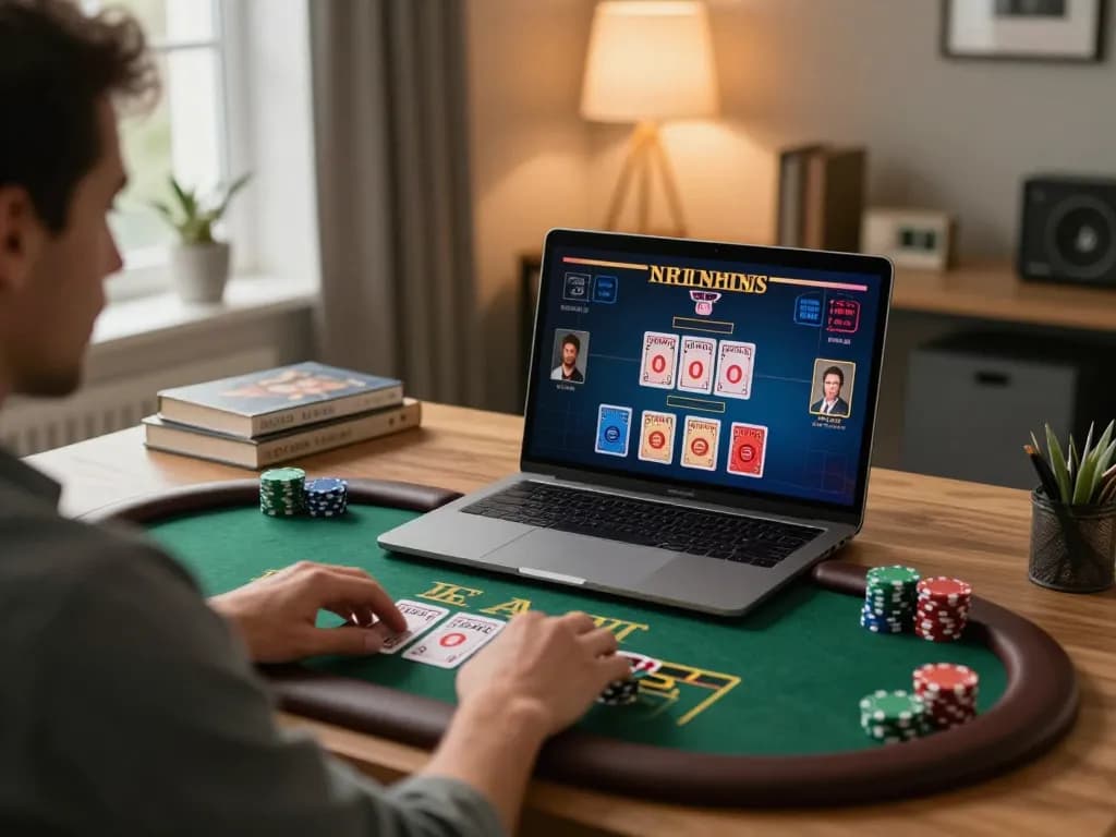 Engaging in online blackjack at https://shbet.free/ from a modern home office setup with serious strategy.