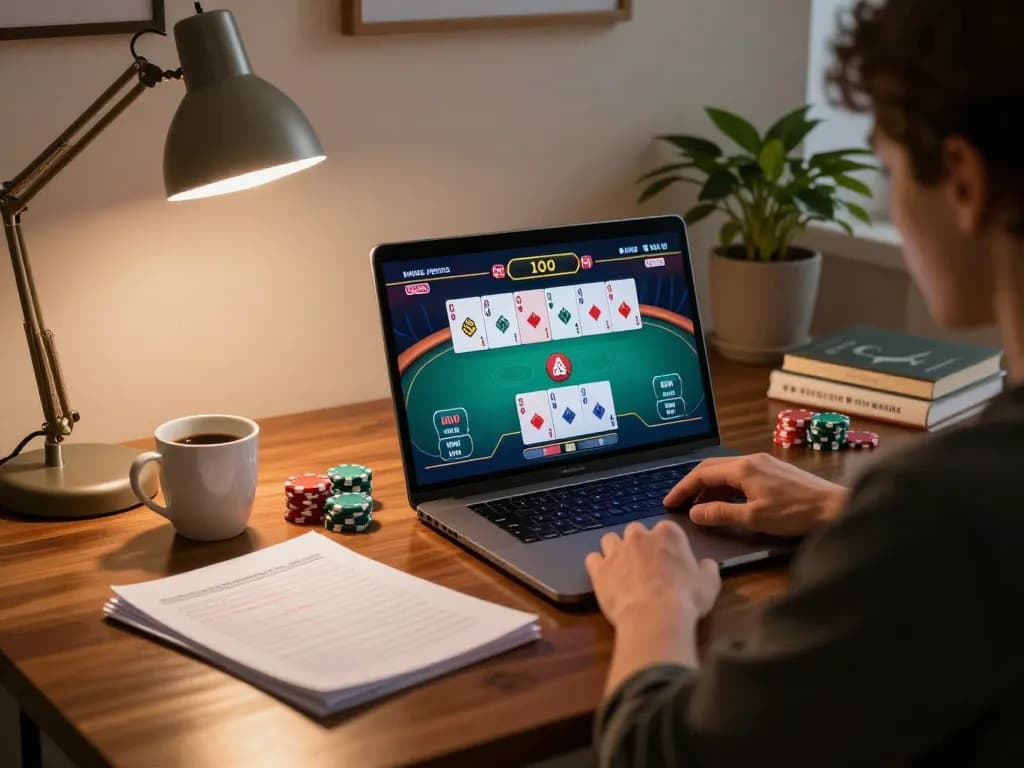 Engaging in poker strategies at https://ymm88.cyou/ with visible laptop screen and betting notes