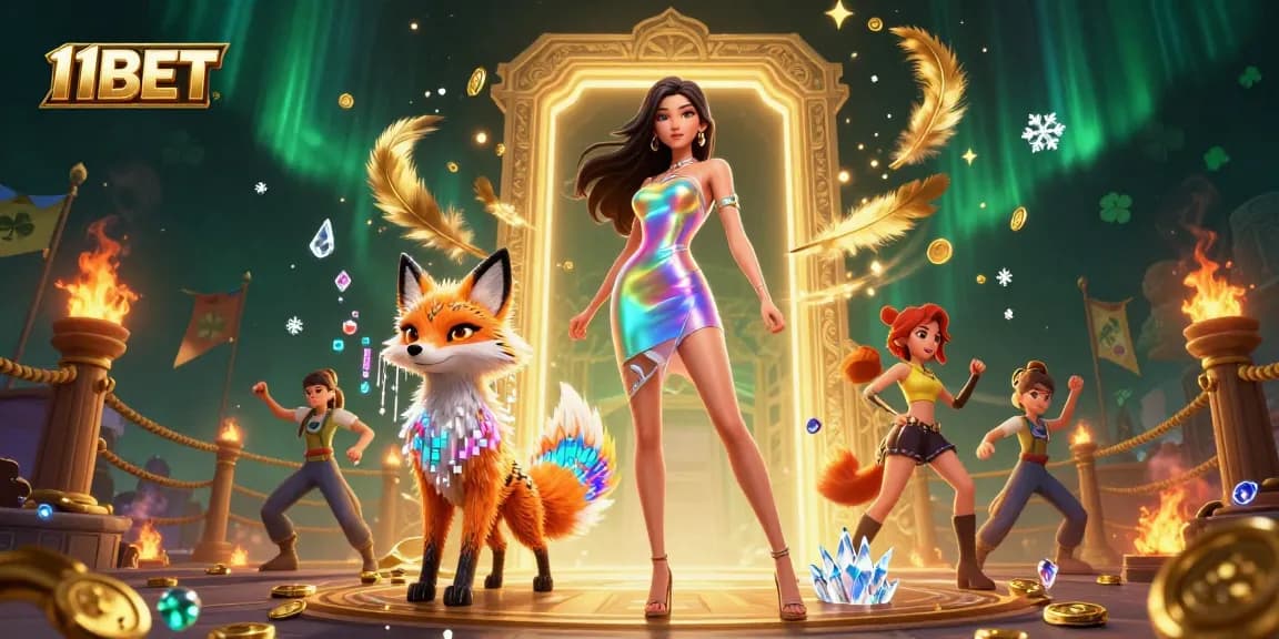 Experience thrilling online gaming at 11BET with a vibrant casino scene featuring a holographic woman and pixelated fox.
