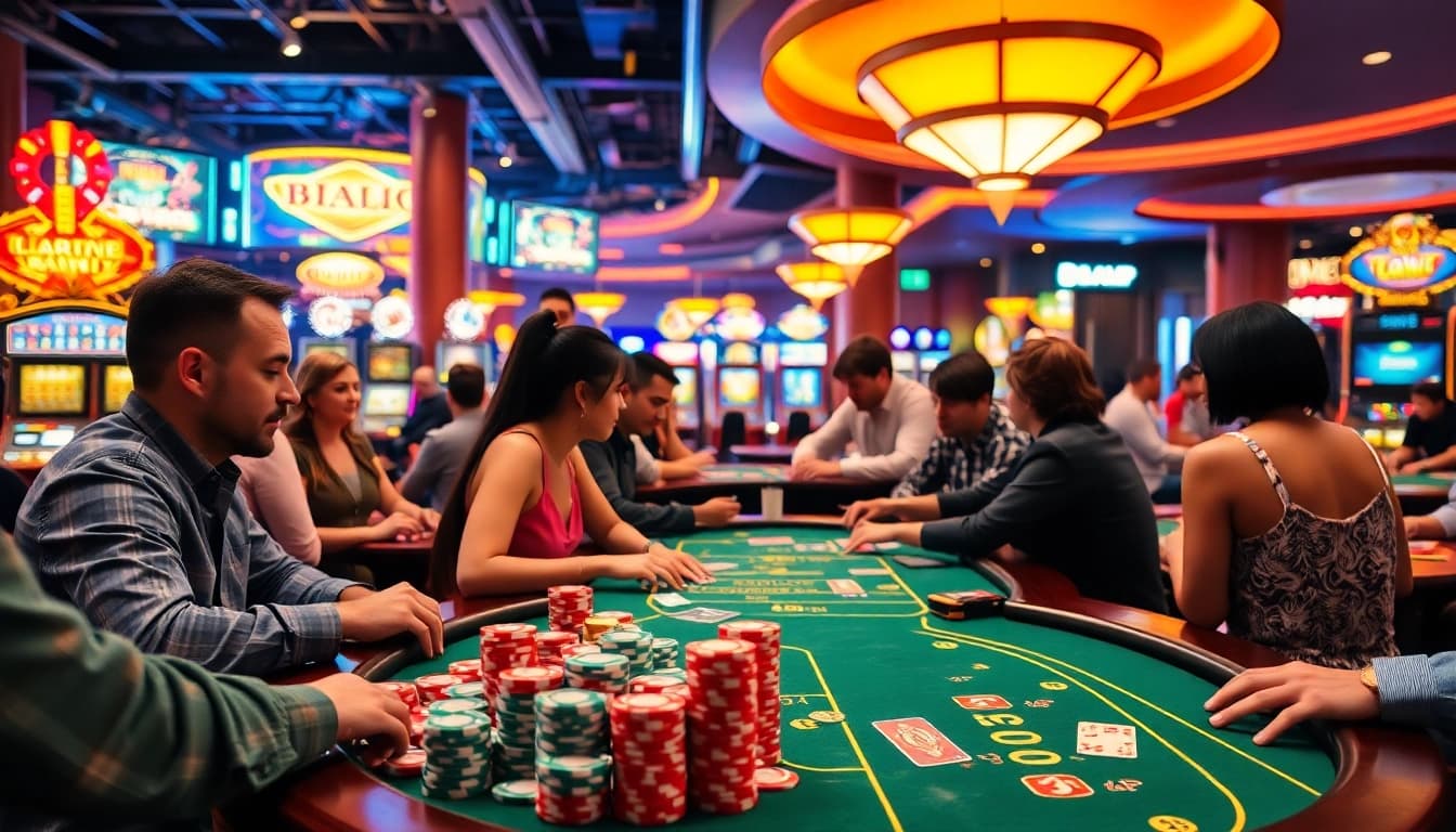 Engaged players discussing strategies at a gambling forum in a vibrant casino.