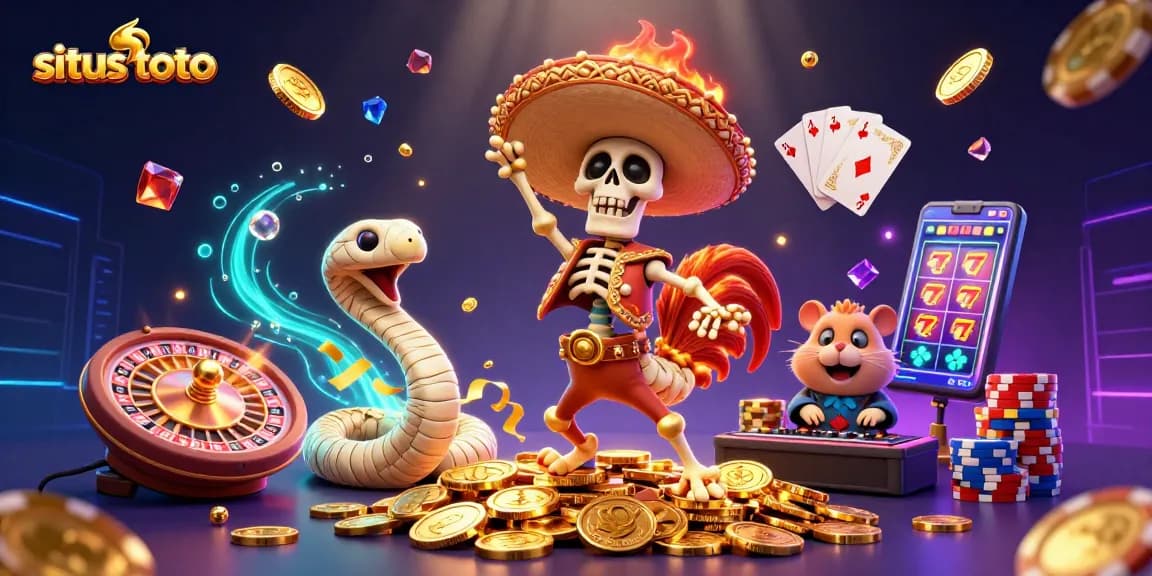Experience thrilling plays on situs toto with festive 3D characters in a vibrant casino atmosphere.