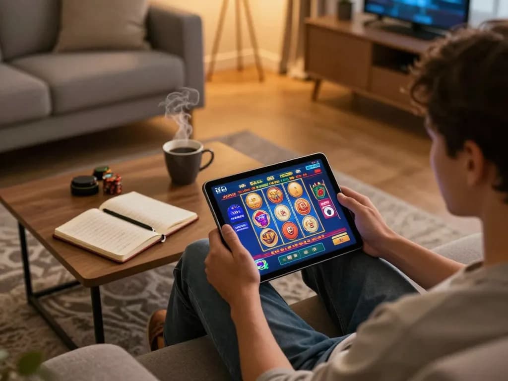 Player enjoying casinoer uden rofus on a tablet at home, showcasing a relaxed gaming atmosphere.