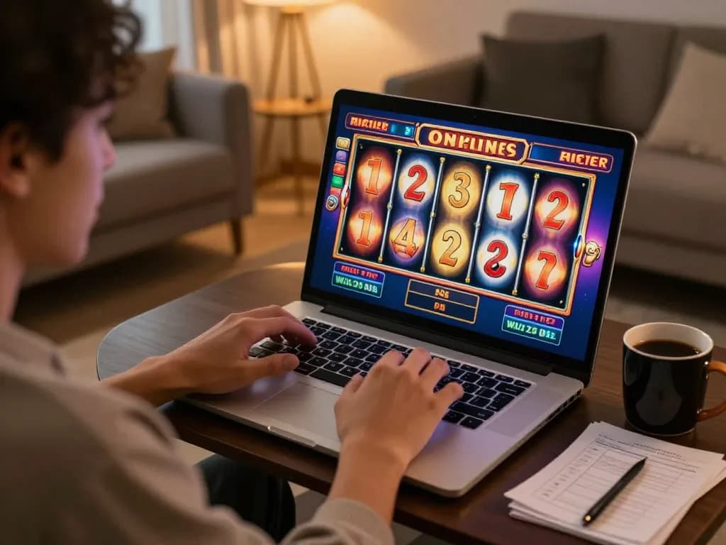 Engaged player enjoying online slots at nk88 in a cozy home setting