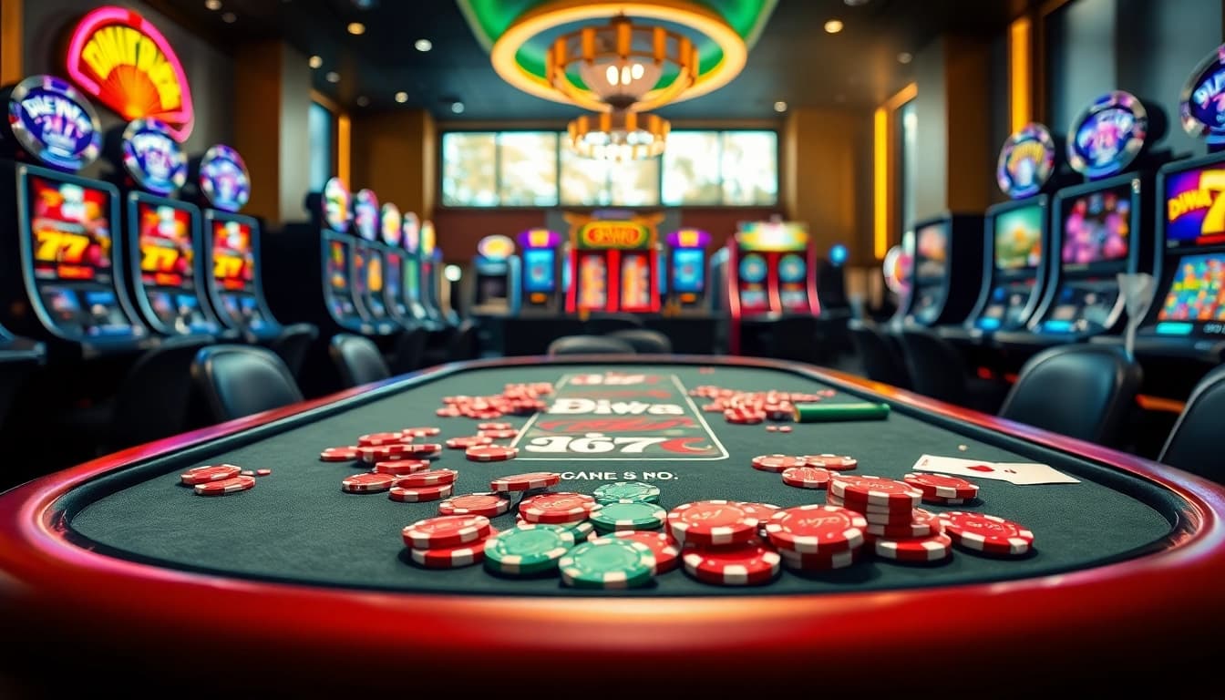 Engage in the thrill of Diwa 777 with vibrant chips on a bustling casino table.