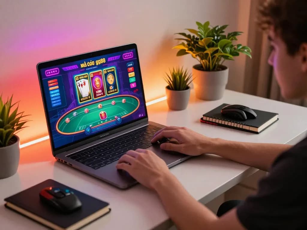 The person enjoys the nhà cái gg88 online casino gaming experience with a colorful display of poker and slots.