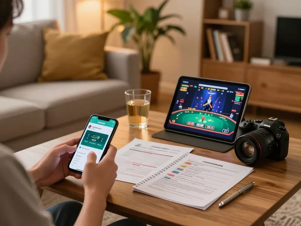 Player enjoying the Jogoluck app on a smartphone in a cozy home environment, combining relaxing entertainment with strategic gameplay.
