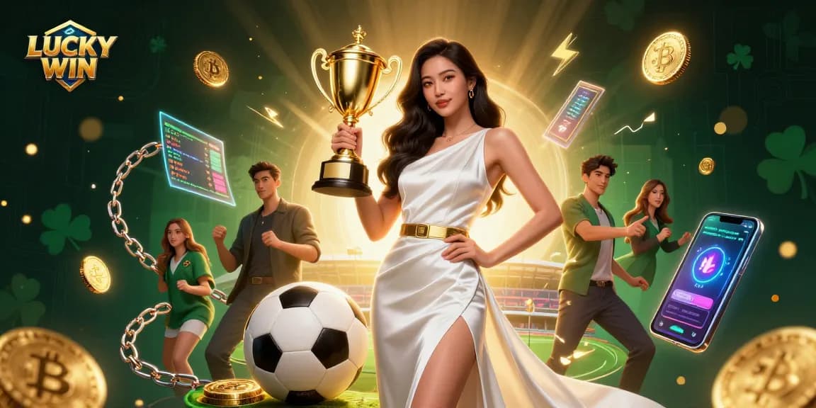 Experience the excitement of LUCKY WIN with vibrant slots and sports betting in a 3D illustration.
