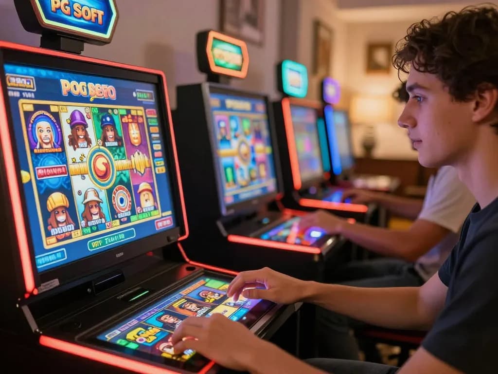 Pemain menikmati pengalaman bermain Slot Demo PG Soft yang imersif di rumah, menampilkan slot berwarna-warni dan gameplay yang menarik.