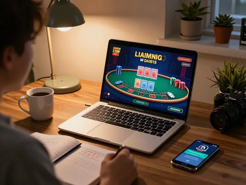 Terlibat dalam permainan online di Bintangmpo dengan suasana rumah yang nyaman, laptop menampilkan aksi blackjack.