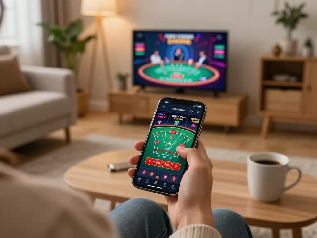 Bet88 player engaging with live dealer blackjack on mobile app in cozy home setting