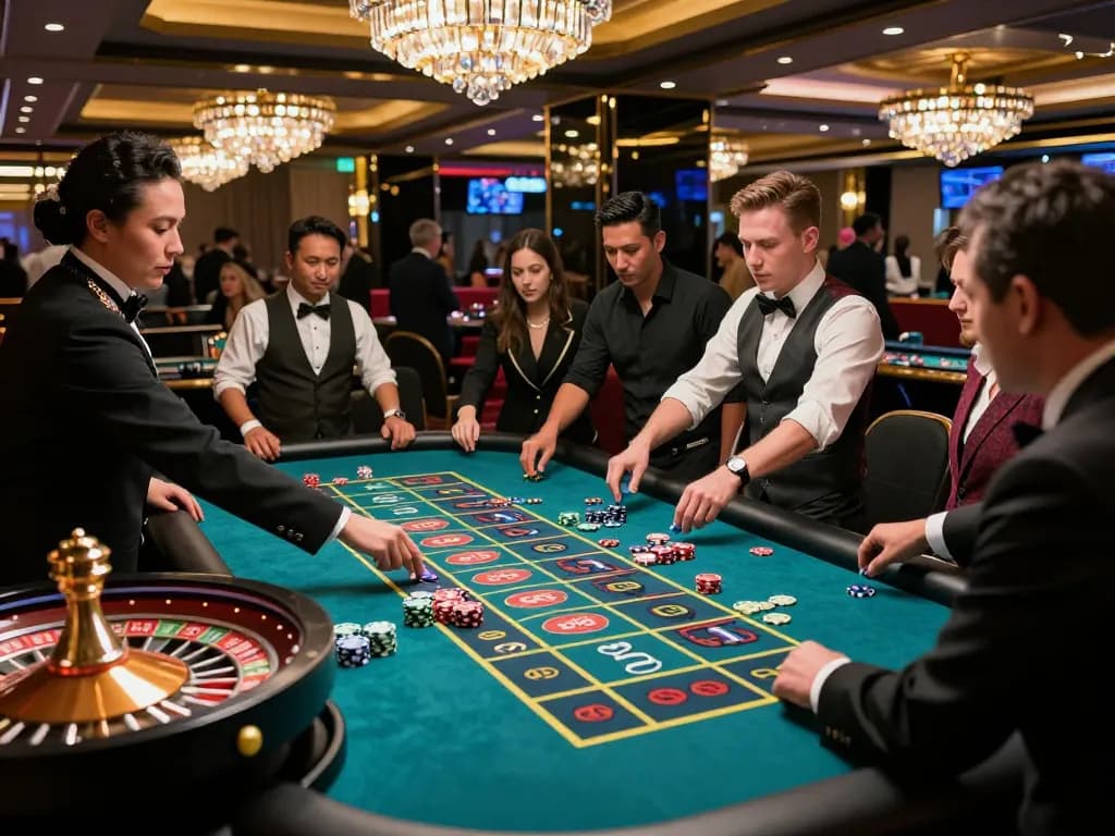 Watch players at xx88 enjoying a thrilling roulette game, with colorful chips and a spinning wheel.