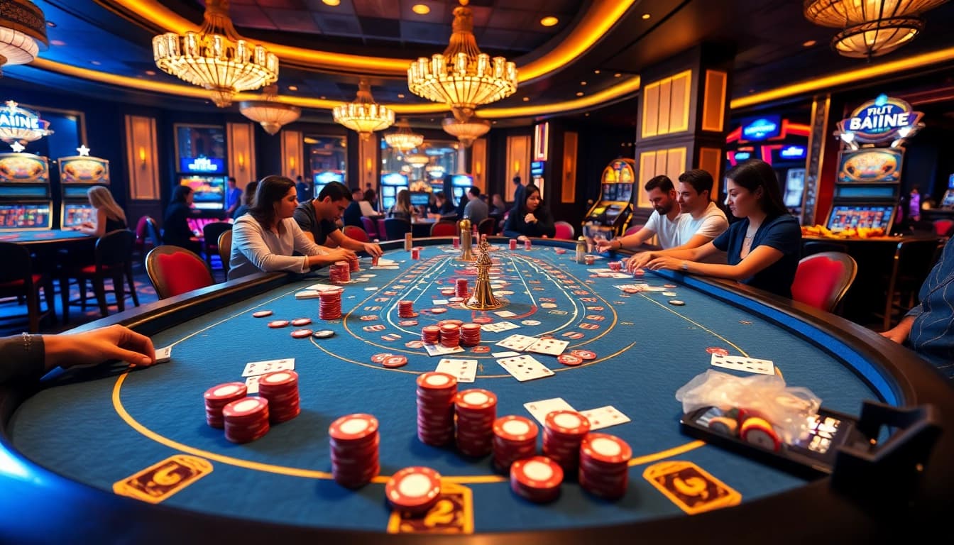 Sunwin gaming table filled with colorful chips and enthusiastic players in a luxurious casino setting.