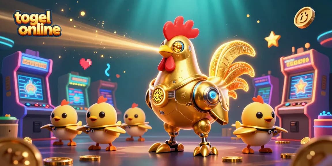 Engage in thrilling togel online with a vibrant scene featuring a golden rooster robot and drone chicks.
