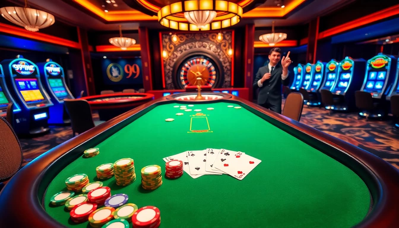 A thrilling scene of gambling at 99win, showcasing a winning poker hand with colorful chips on a casino table.