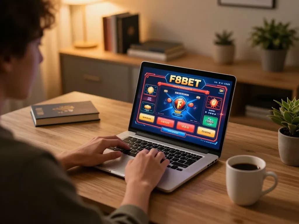 Engaging in F8BET online gaming from home with a cozy setup and organized workspace.