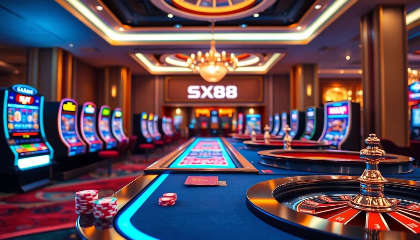 SX88 casino tables and vibrant slot machines, showcasing an exciting gaming experience.