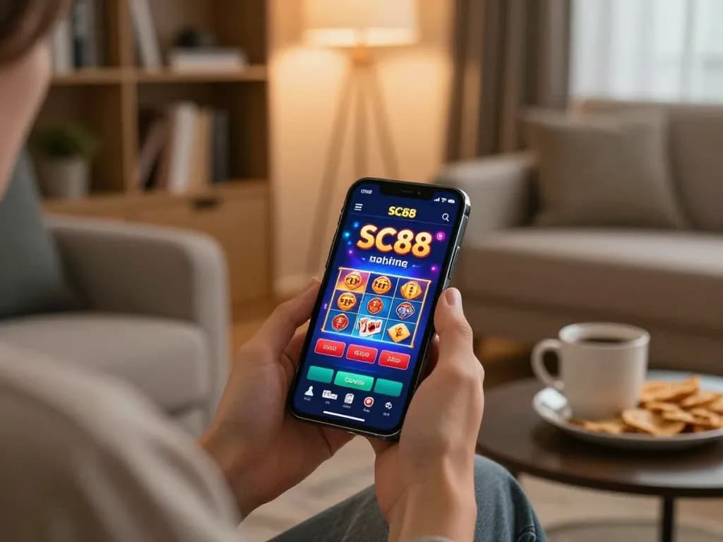 Player enjoying SC88 mobile gaming experience in a cozy living room setting.