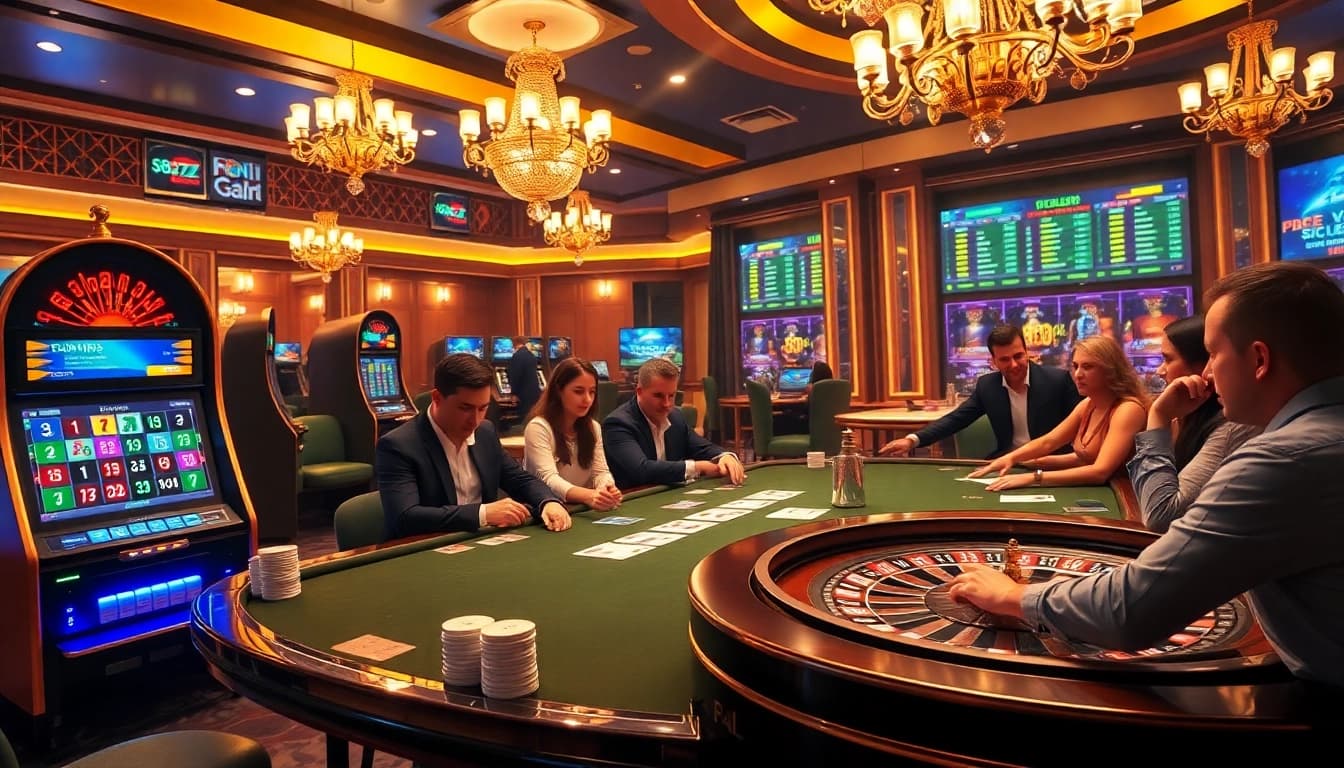Players engaging in thrilling gameplay on the s8cz.com online casino, featuring vibrant slot machines and poker tables.
