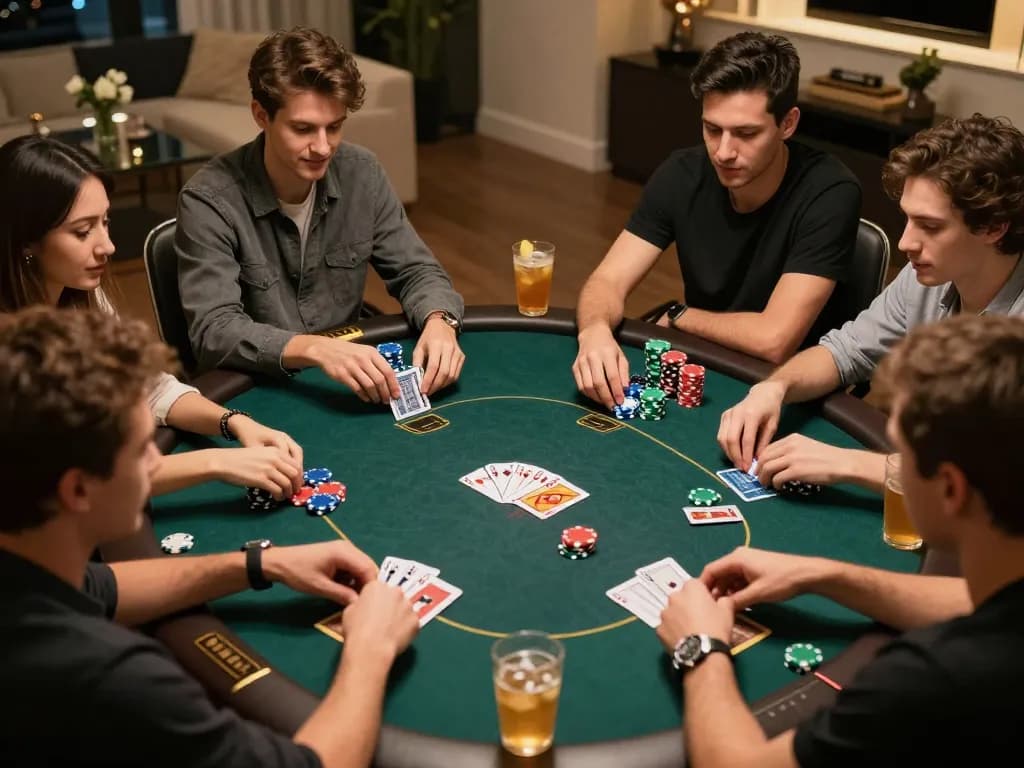 Players engaged in a thrilling poker game at home, showcasing 8xbet's social gambling environment.