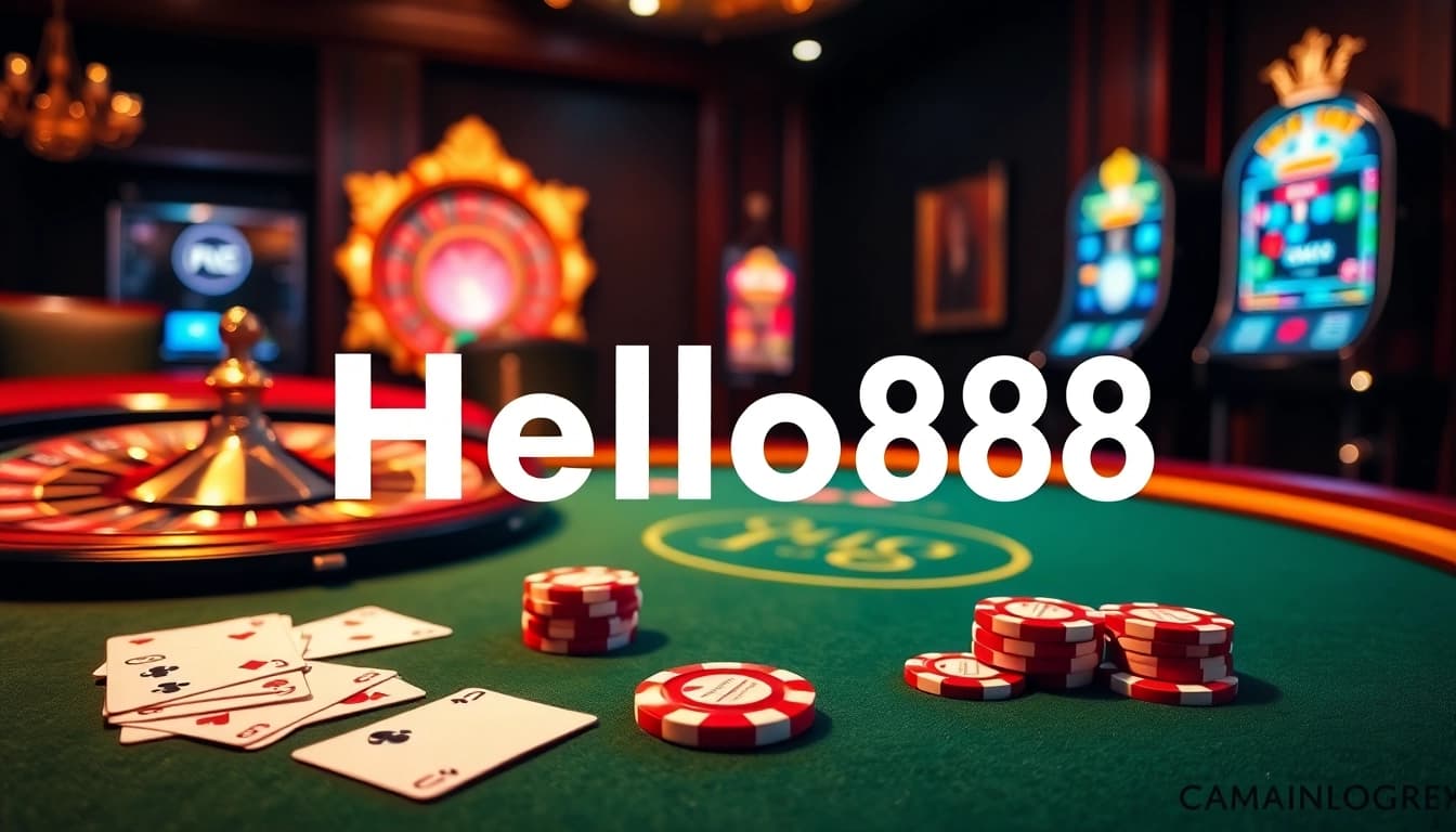 Hello88 casino scene with poker table, colorful cards, and vibrant poker chips