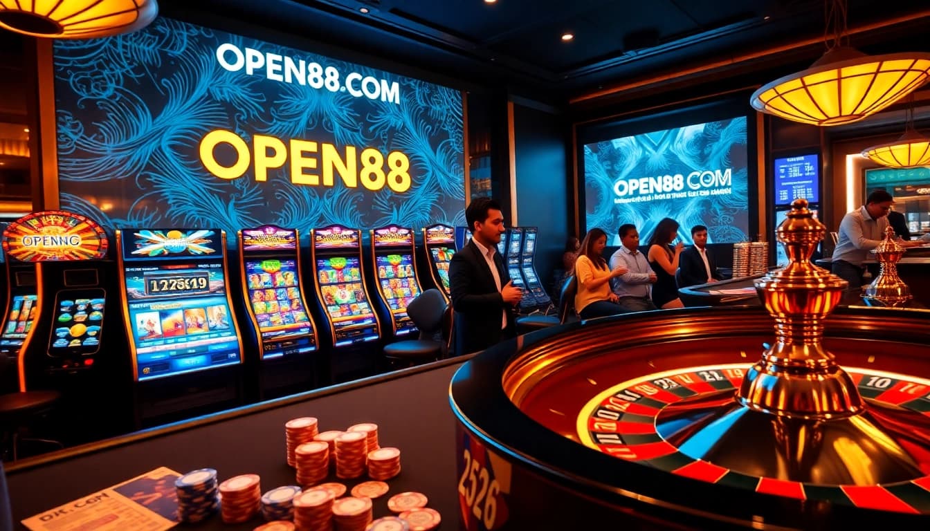 Experience thrilling gameplay at OPEN88 COM with vibrant slot machines and a roulette wheel.