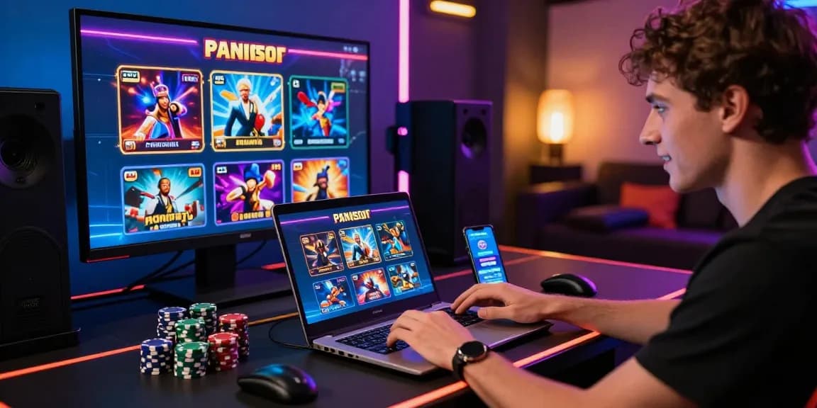 Exciting scene showcasing new online casinos UK with an active player at a gaming station surrounded by colorful lights and casino chips.