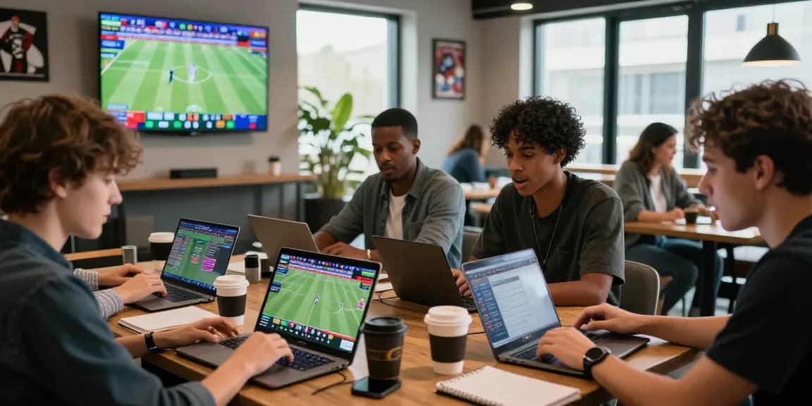 Engaged bettors analyzing sports stats on laptops at the soi kèo nhà cái lounge, vibrant atmosphere and live matches showing.