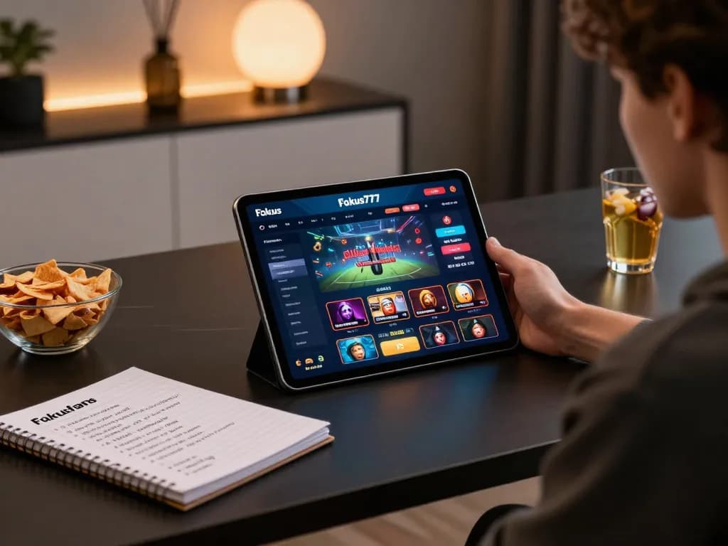 Play on Fokus777 casino app on tablet while enjoying snacks and strategic gaming notes
