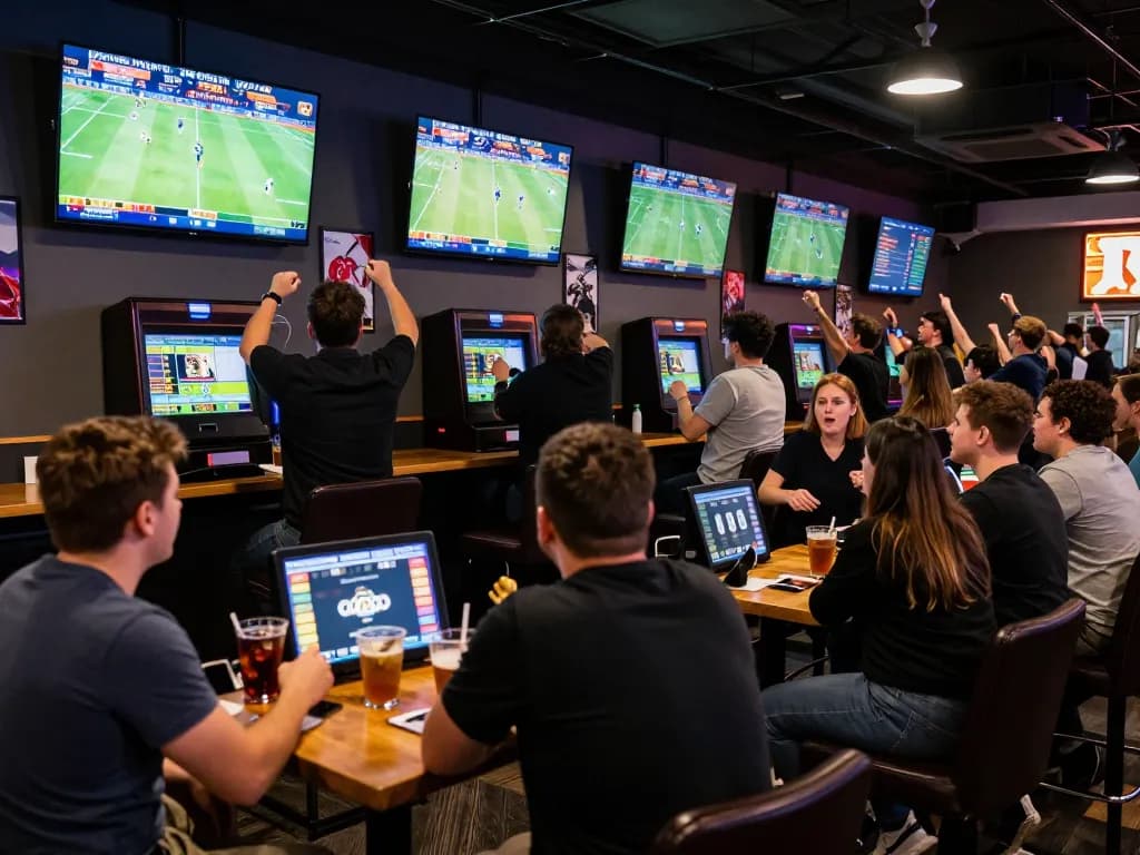 Fans engaging in thrilling sports betting at fc88on, with live games and digital kiosks.