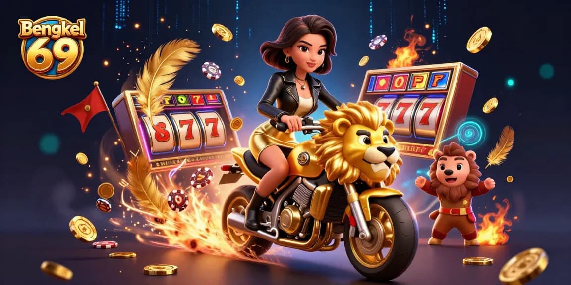 Bengkel 69 features a glamorous Asian woman and golden lion mascot riding through a vibrant casino-themed scene.