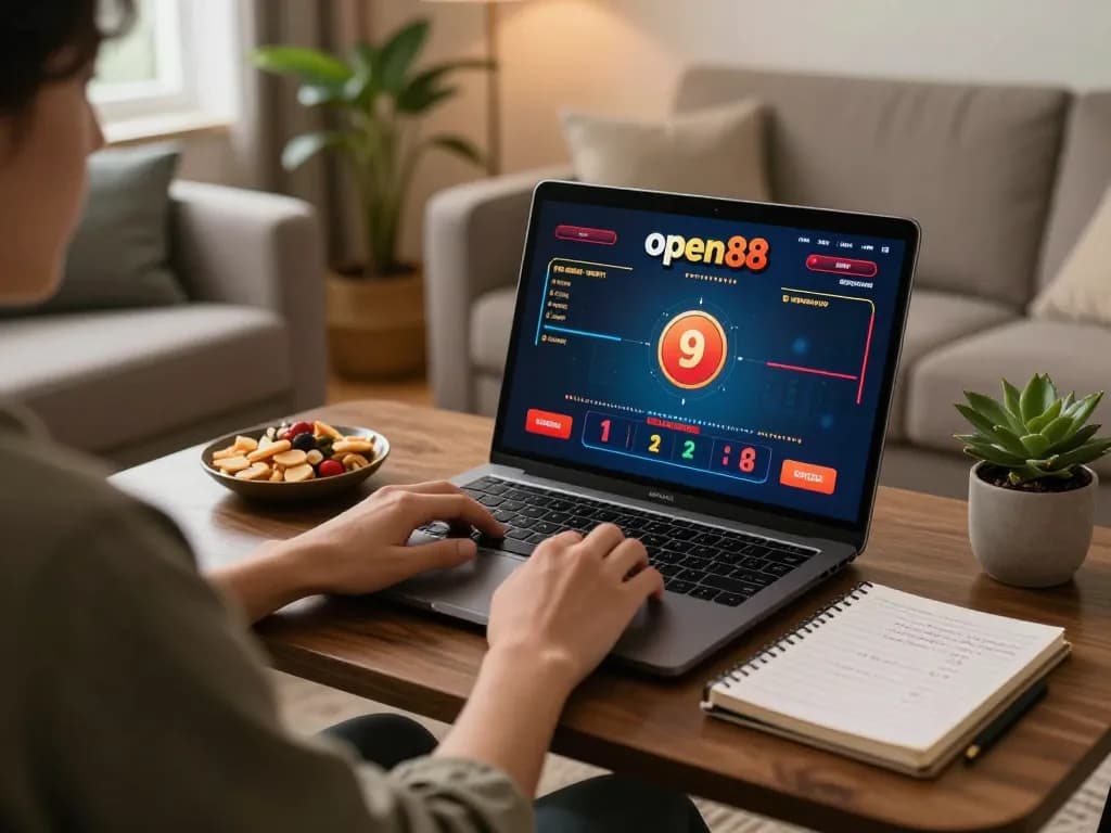 Engaging online gambling experience at open88 with player analyzing strategies and betting on laptop.