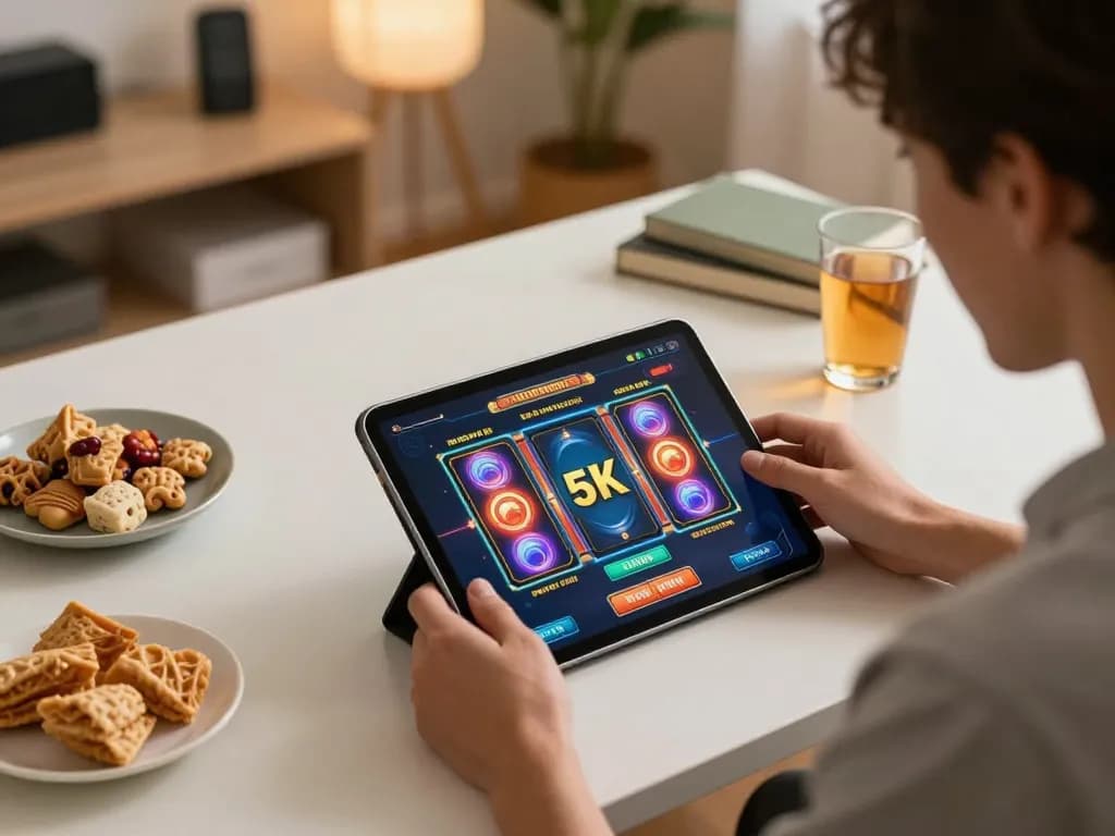 Engaging gameplay on a slot 5k game tablet in a cozy home setup.
