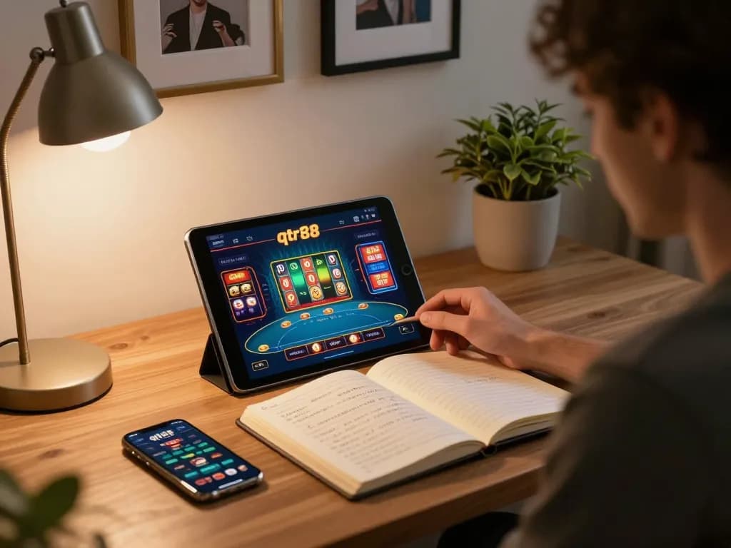 Player engaging with qtr88 online casino platform on tablet amidst a cozy home gaming setup.