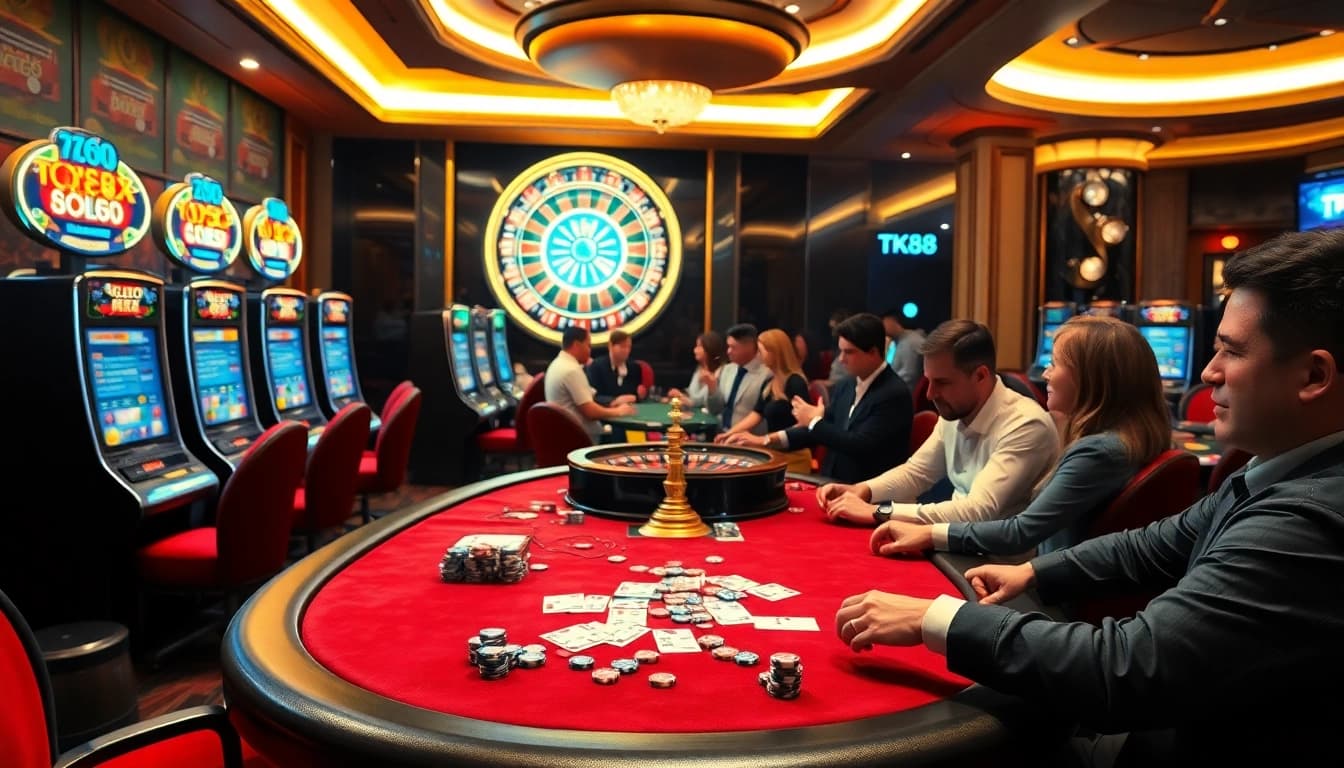 Experience excitement with tk88: a vibrant casino scene of players at poker and slot machines.