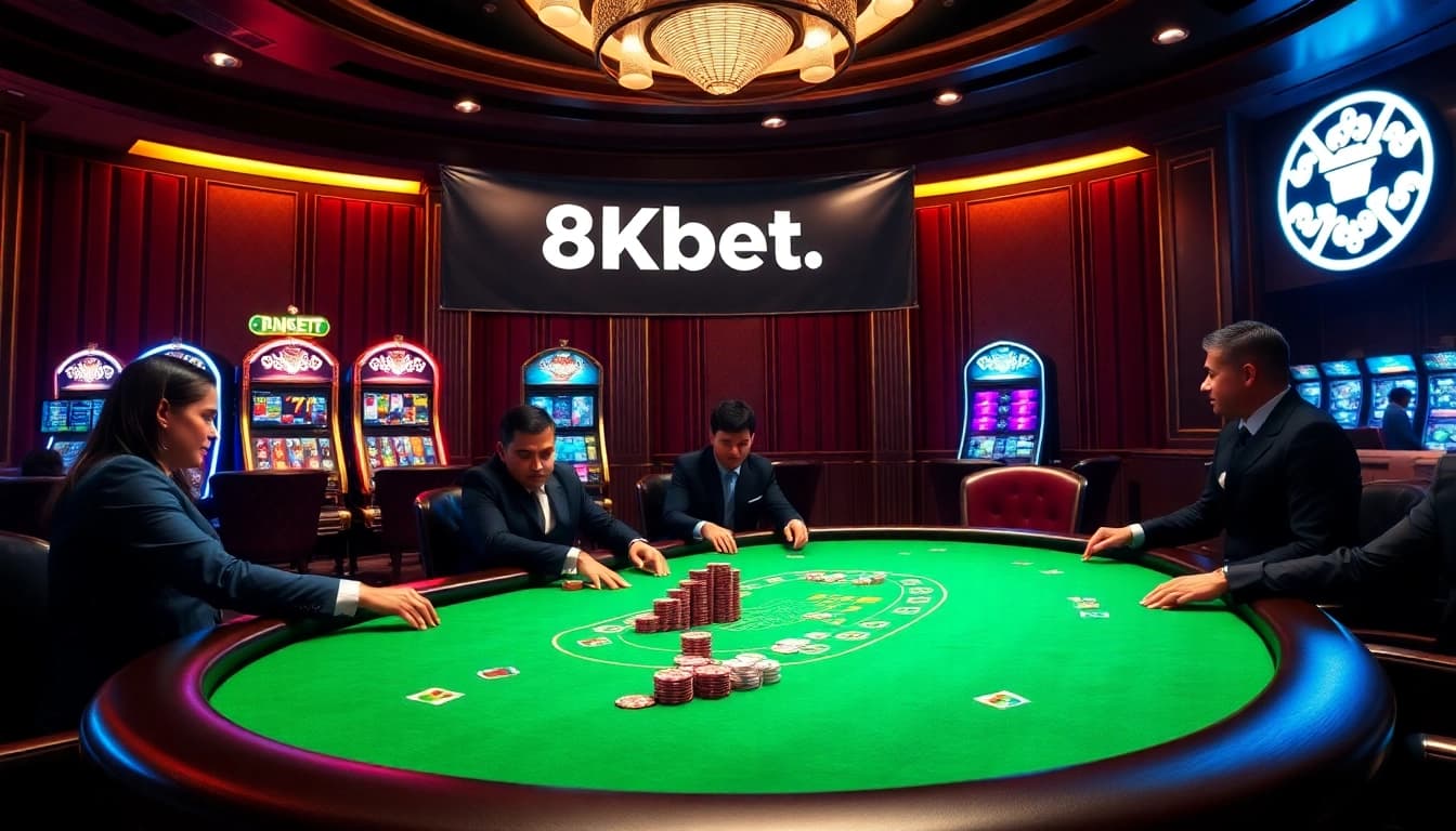 Experience the excitement of 8kbet.bond/ with professional poker players at a glamorous casino.