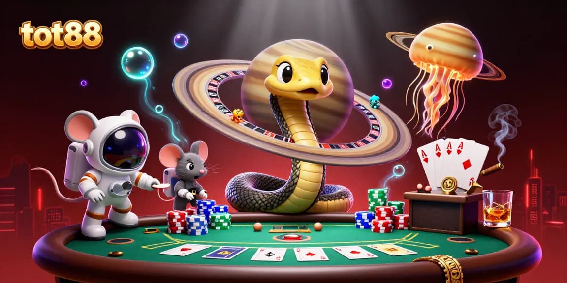 Engage in the exciting cosmic world of gambling with tot88, illustrated as a vibrant scene of animated characters and luxurious casino elements.