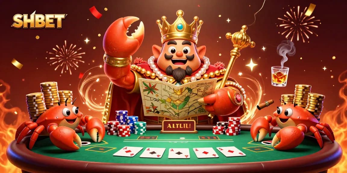 Engaging gambling scene showing SHBET's animated golden crab emperor at a vibrant poker table, surrounded by rich game elements.