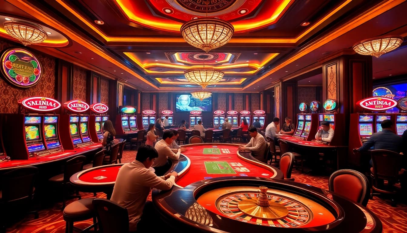 Experience the excitement at Nhà Cái XIN88 with professional gaming tables and vibrant slot machines.